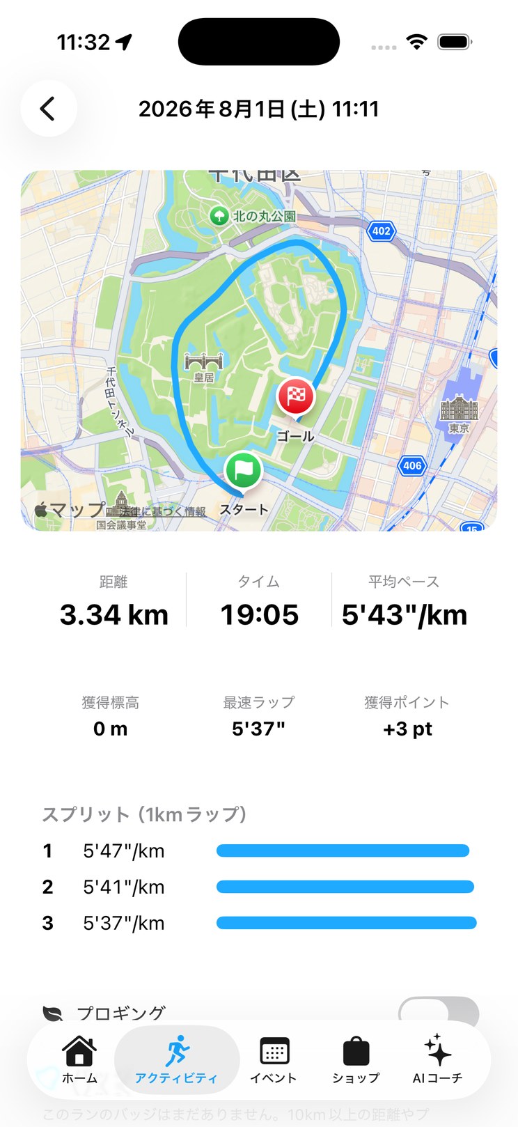 ランの詳細画面。皇居まわりを1周した軌跡が地図に描かれ、3.34km・19:05・5'43"/km と1kmごとのラップが並ぶ。
